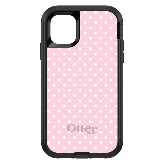 DistinctInk OtterBox Defender Custom Case for Apple iPhone 15 (6.1" Screen) - Pink & White Polka Dot Pattern - Shockproof Protection