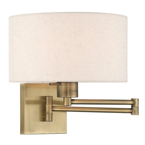 1 Light Traditional Steel Swing Arm Wall Sconce with Oatmeal Fabric Shade-11 inches H By 11 inches W-Antique Brass Finish Bailey Street Home