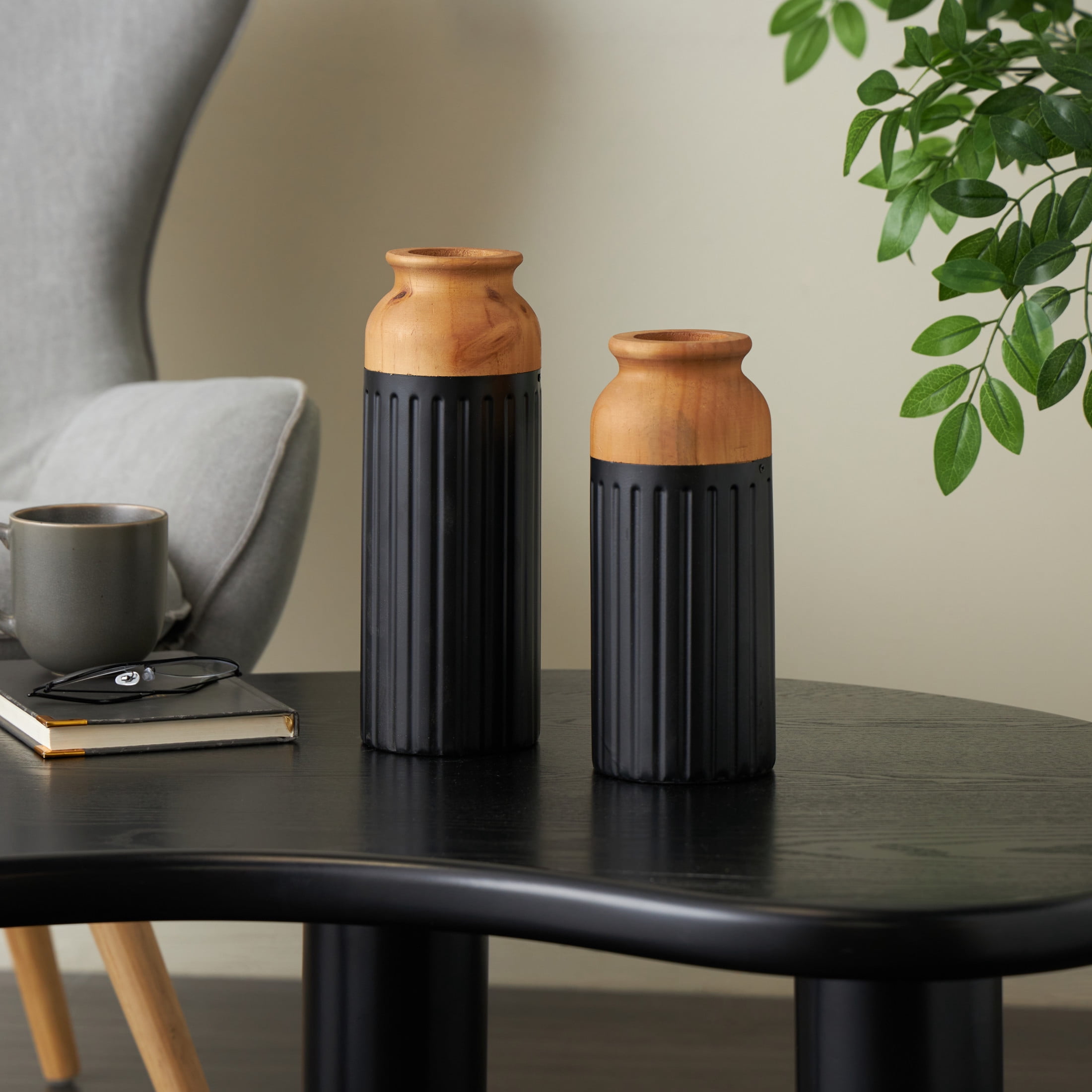 DecMode 11", 10"H Color Block Black Metal Vase with Rounded Linear Grooves and Brown Wood Tops, Set of 2