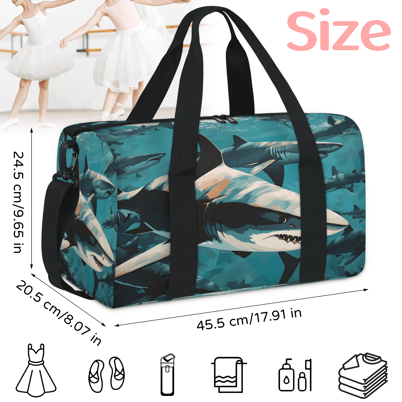 Herdesigns Shark Fish Gym Bag for Women, Duffle Bag for Travel Sport, Lightweight Waterproof Carry on Weekender Overnight Dance Yoga Workout Bags