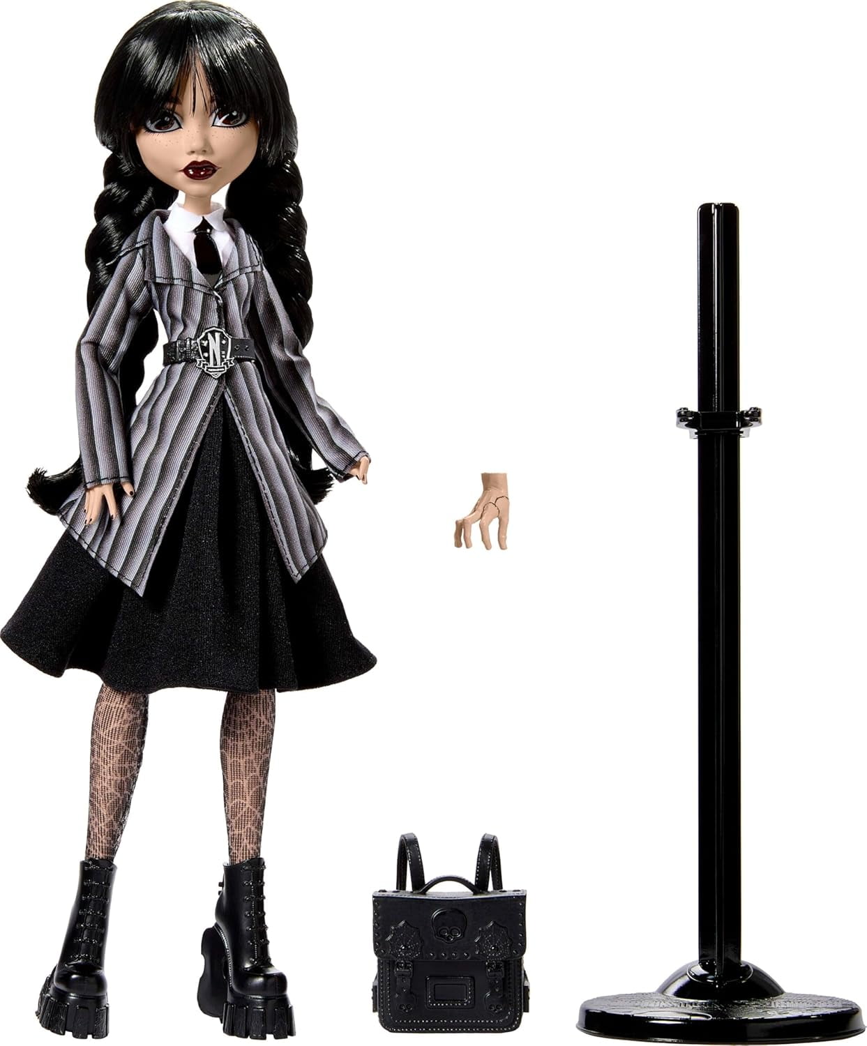 New Dolls Monster Wednesday Doll and Accessories, High Wednesday Addams Collectible in Nevermore Academy Uniform with Thing and Backpack, Doll Stand