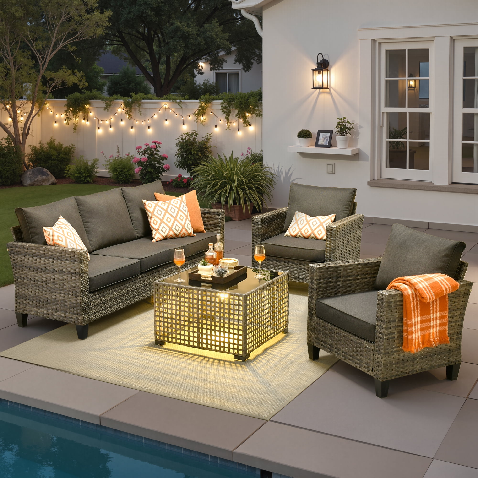 Ovios 4 Pieces Outdoor Patio Furniture Set with Lighted Coffee Table All-Weather Wicker Rattan Conversation Sofa Set, Black