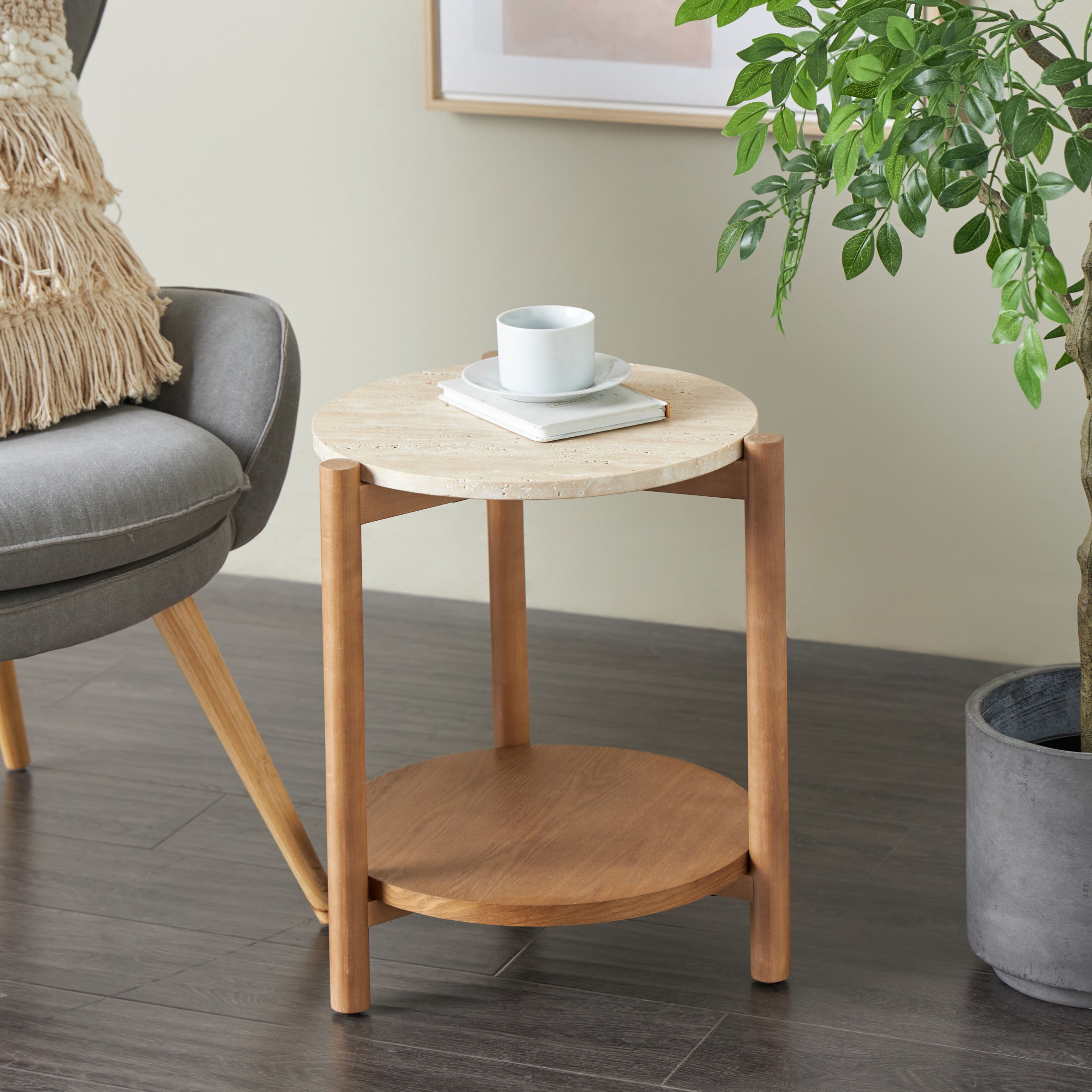 DecMode 16" x 20" Brown Wood Handmade Round Accent Table with Beige Round Marble Top, 1-Piece