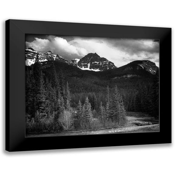Adams, Ansel 14x12 Black Modern Framed Museum Art Print Titled - View of streamside trees and snow on mountains - Northeast Portion, Yellowstone National Park, Wyomi