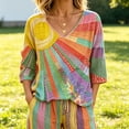 thumbnail image 5 of Dolkfu Boho Tops for Women Trendy V-Neck 3/4 Sleeve Yellow Pull-on Blouses & Tops Refreshing Patchwork Abstract Yellow,Xl, 5 of 5