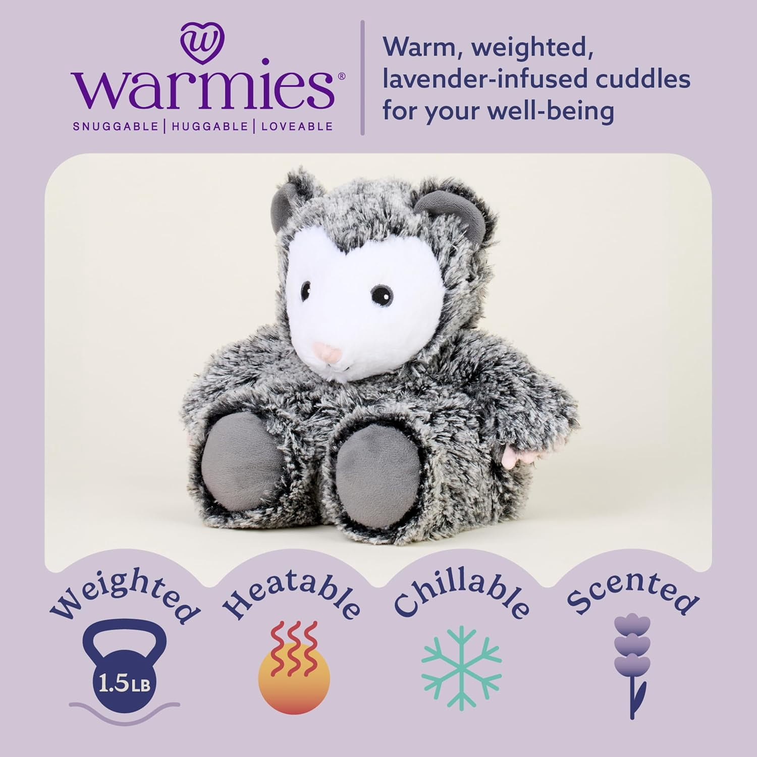 warmies 13” Opossum Stuffed Animal, Microwavable Heated Plushies and Weighted Soft Plush Toys