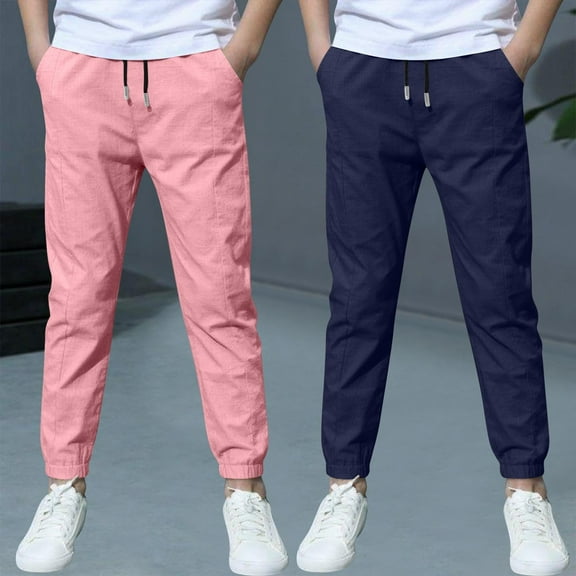 JUSLIO Boys Pants Linen 2 Pack Solid Color Casual Back to School Joggers Sweatpants 3 Years