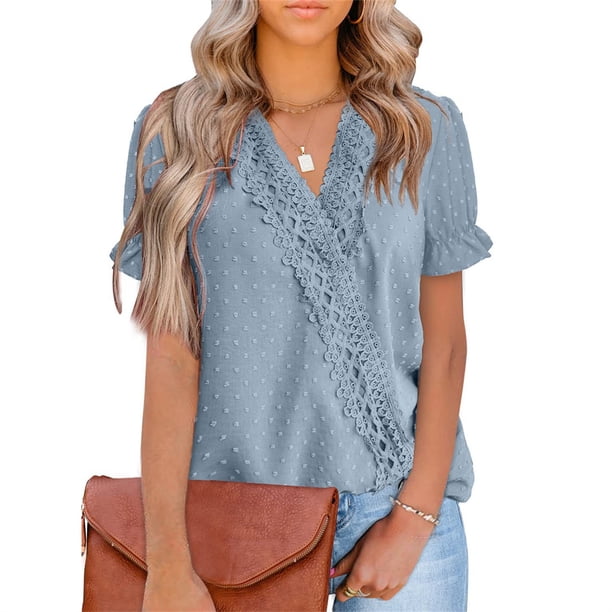Minnieouse Camisa de manga corta para mujer, cuello en V, fecha de verano, vacaciones, Tops simples de Color sólido, blusa informal, camiseta, ropa, Ropa, zapatos y accesorios Miscelánea Azul XXL Minnieouse AP011577-35