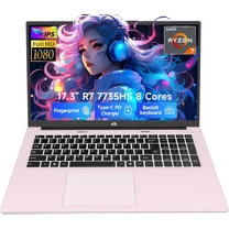 17.3" Gaming-Laptop, AMD Ryzen 7 7735HS (8C/16T, Beats i7-12650H) 16GB DDR5 RAM 512GB SSD Computer with Radeon 680M, 100W Type-C, WiFi-6E, 75Wh Battery, Fingerprint, Backlit Keyboard for Business