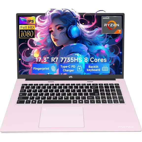 17.3" Gaming-Laptop, AMD Ryzen 7 7735HS (8C/16T, Beats i7-12650H) 16GB DDR5 RAM 512GB SSD Computer with Radeon 680M, 100W Type-C, WiFi-6E, 75Wh Battery, Fingerprint, Backlit Keyboard for Business