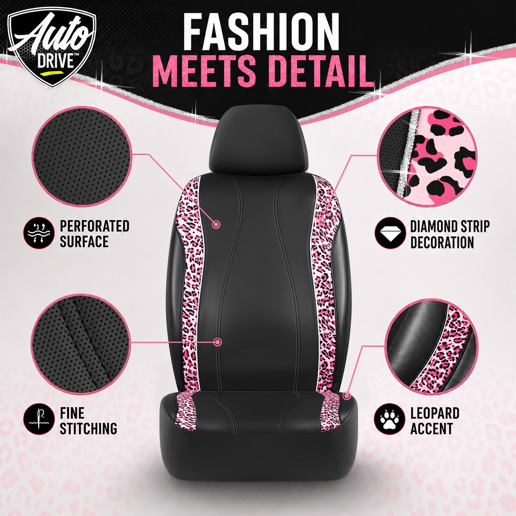 Auto Drive Car Seat Covers, Pink Leopard Print Car Seat Covers with Rhinestone Trim, Fashion Front Seat Covers, Universal Fit, Airbag Compatible for Cars, SUVs and Trucks.