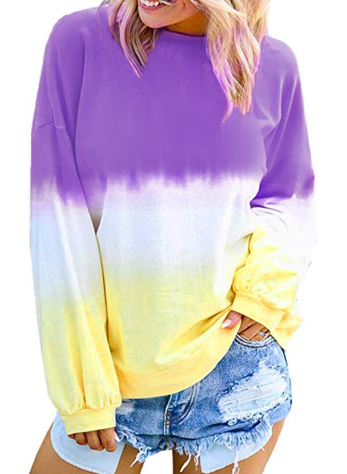 Dokotoo Womens Tie Dye Printed Long Sleeve Sweatshirt Off Shoulder Casual Loose Pullover Tops Shirts 