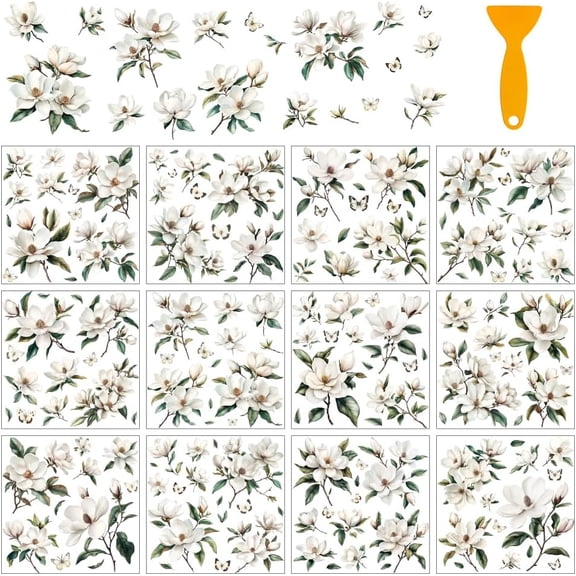 12 Sheets Magnolias Rub on Transfers for Crafts Retro Blooming Flower Rub on Transfer Stickers PVC Rub on Decal for DIY Home Furniture Window Wood 14x14cm 1set