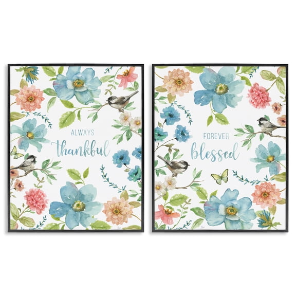 Stupell Industries Pink & Blue Gratitude Blooms 2 Piece Black Framed Giclee Art Set, design by Nan
