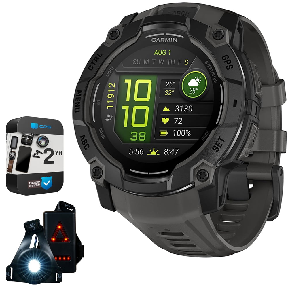 Garmin Instinct 3 - 50 mm Outdoor GPS Smartwatch, AMOLED, Black with Black Band 010-03020-00 Bundle with 2 Year Extended Warranty & Deco Essentials Wearable Safety Light