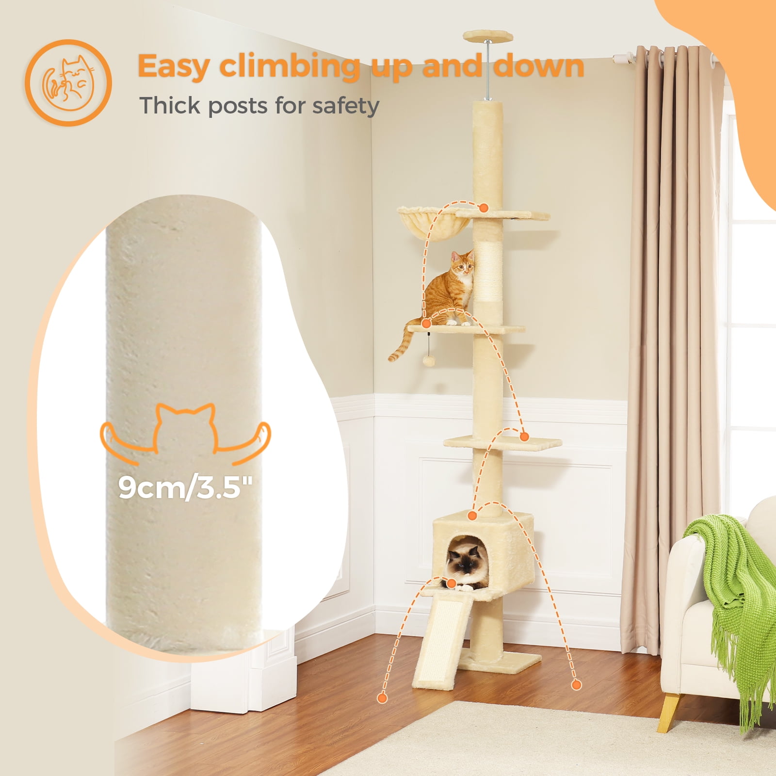 Pefilos 5 Tiers Cat Tree Floor to Ceiling, Adjustable Height (83"-108") Climbing Cat Tower for Indoor Cats with Condo, Scratching Post, Beige