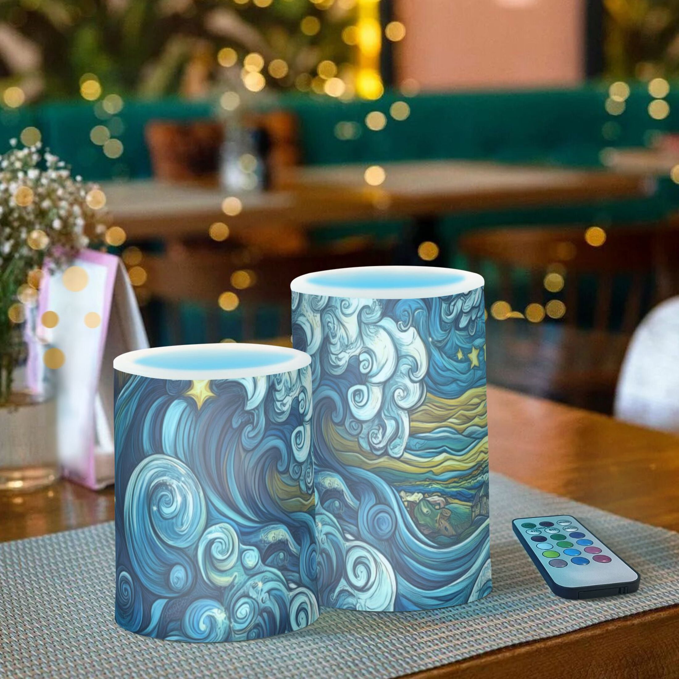 Swirling Waves and Stars Flickering Flameless Candles Battery Operated with Remote Timer LED Pillar Candles Set of 2