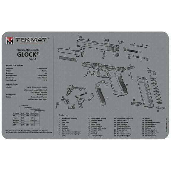 TekMat Ultra Premium Gun Cleaning Mat - 20" X 15" - Glock Gen 4 - Gray
