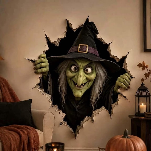 Halloween Break-in 3D Wall Decals, Halloween Broken 3D Wall Decals,3D Illusion Effect, Spooky Home Decor, Indoor Wall Sticker, Halloween Witch Theme