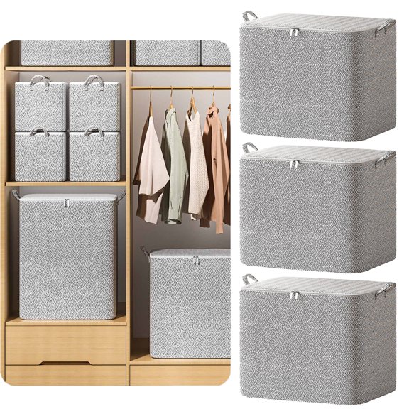 3PC Blanket Storage For Living Room,Non-Woven Zipper Storage Bag,Breathable Clothes Bedding Pillow Sheet Storage Bags With Zipper,Non-Woven Moving Quilt Large Capacity Storage Bins