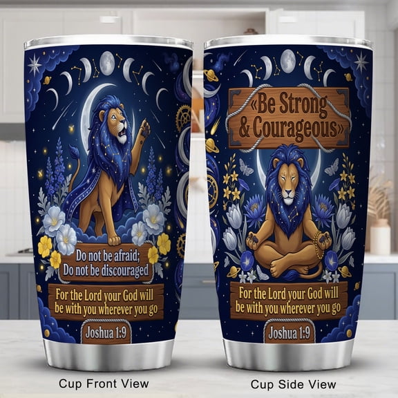 Lion Tumbler 20oz Christian Gifts for Men Dad with Lid Inspirational Scripture Joshua 1:9 Be Strong Coffee Tea Cup