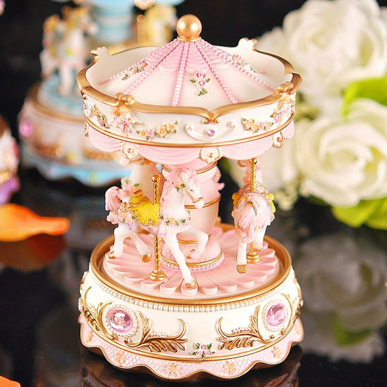 Mini Carousel Clockwork Music Box Colorful LED Merry-go-round
