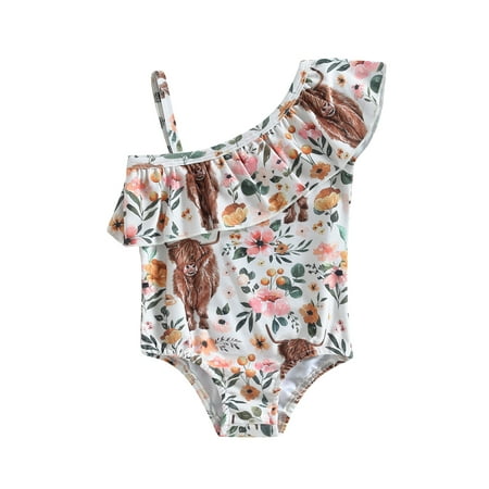 

One opening Toddler Baby Girl Summer One-Pieces Swimsuit Sleeveless Off Shoulder Cow Print Ruffle Monokini Bathing Suit