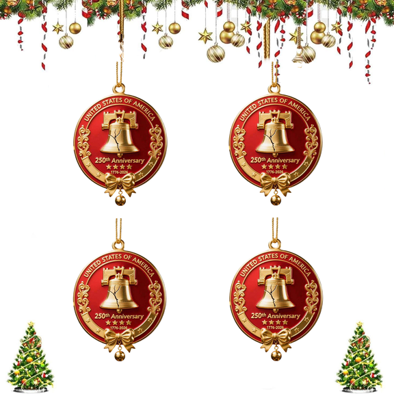 USA 250th Anniversary Bell Ornament 3D Red & Gold Commemorative Hanging Decor Elegant Doorbell for Patriotic Decor Tree Enamel Crafted Detailing 250th Anniversary USA Patriotic Ornaments (C-4pcs)