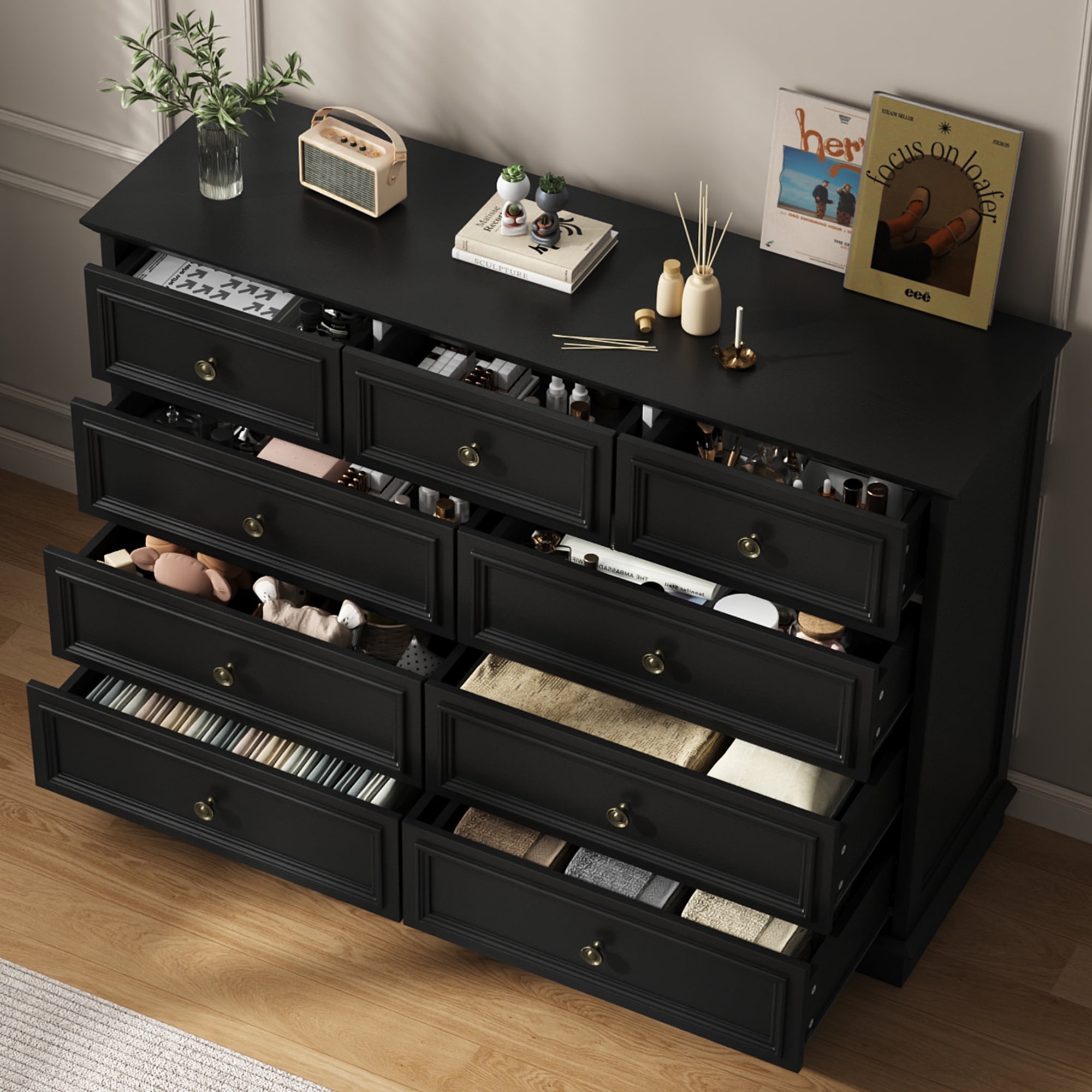IDEALSOUL Black Dresser, 9 Drawer Dresser with Round Metal Handle, 47.2" Retro Wood Storage Cabinet with 6 large drawer and 2 Small drawer for Living Room, Bedroom, Hallway