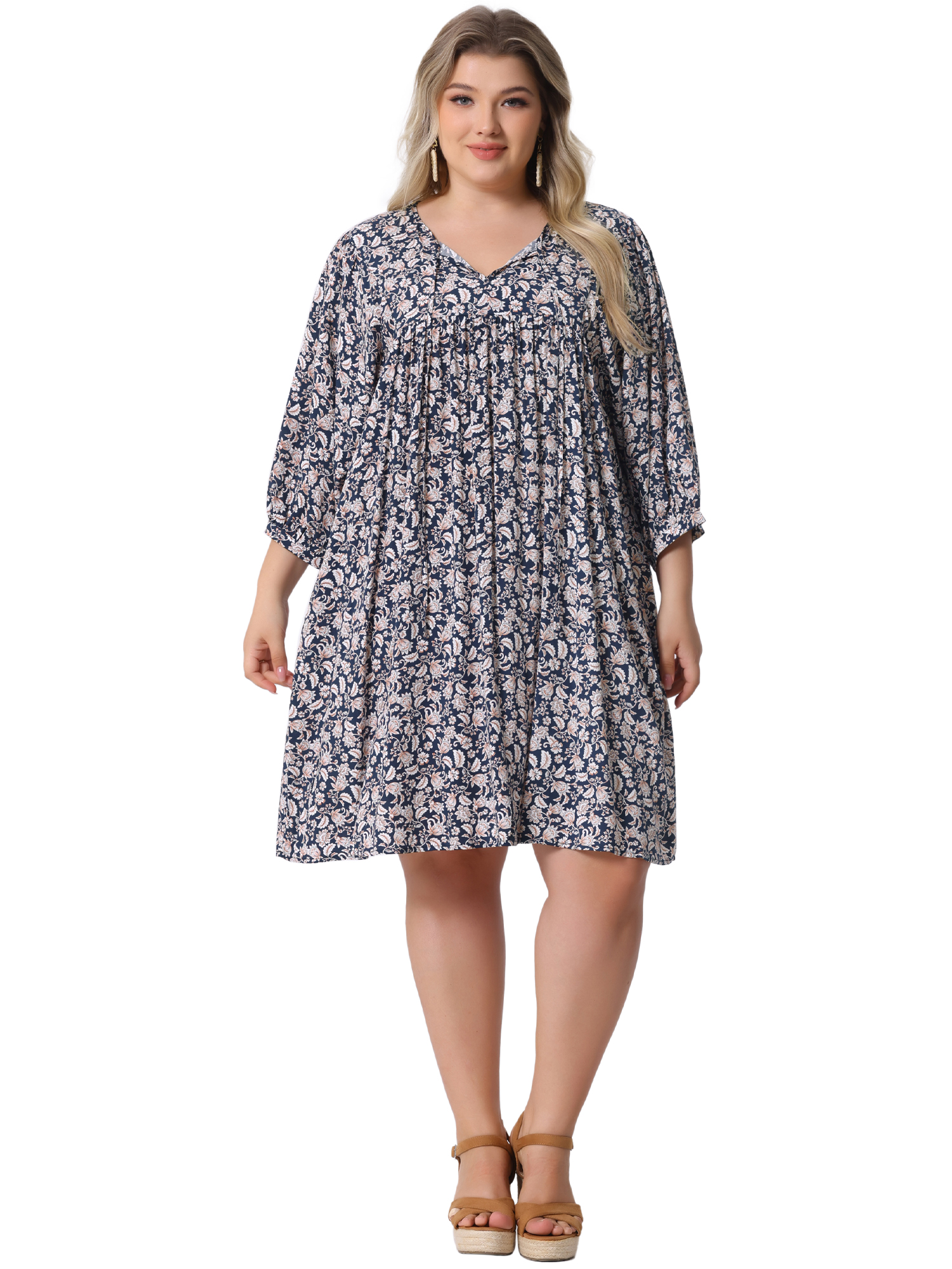 DARING DIVA Women's Plus Size Drawstring V Neck Babydoll Midi Flowy Dress 3X Navy Blue