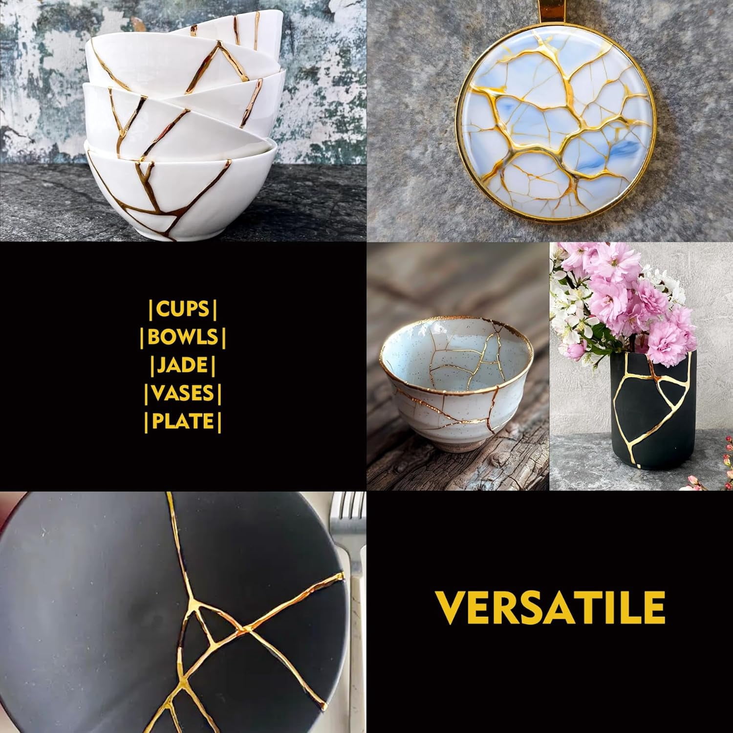 Kintsugi Repair Kit Gold & Silver, 50ml Food Safe Ceramic Glue, Japanese Art Craft Kintsugi Glue for Broken Pottery, Porcelain, Glass, Jade, Bowls, Beginner-Friendly for Restoring Meaningful Gifts