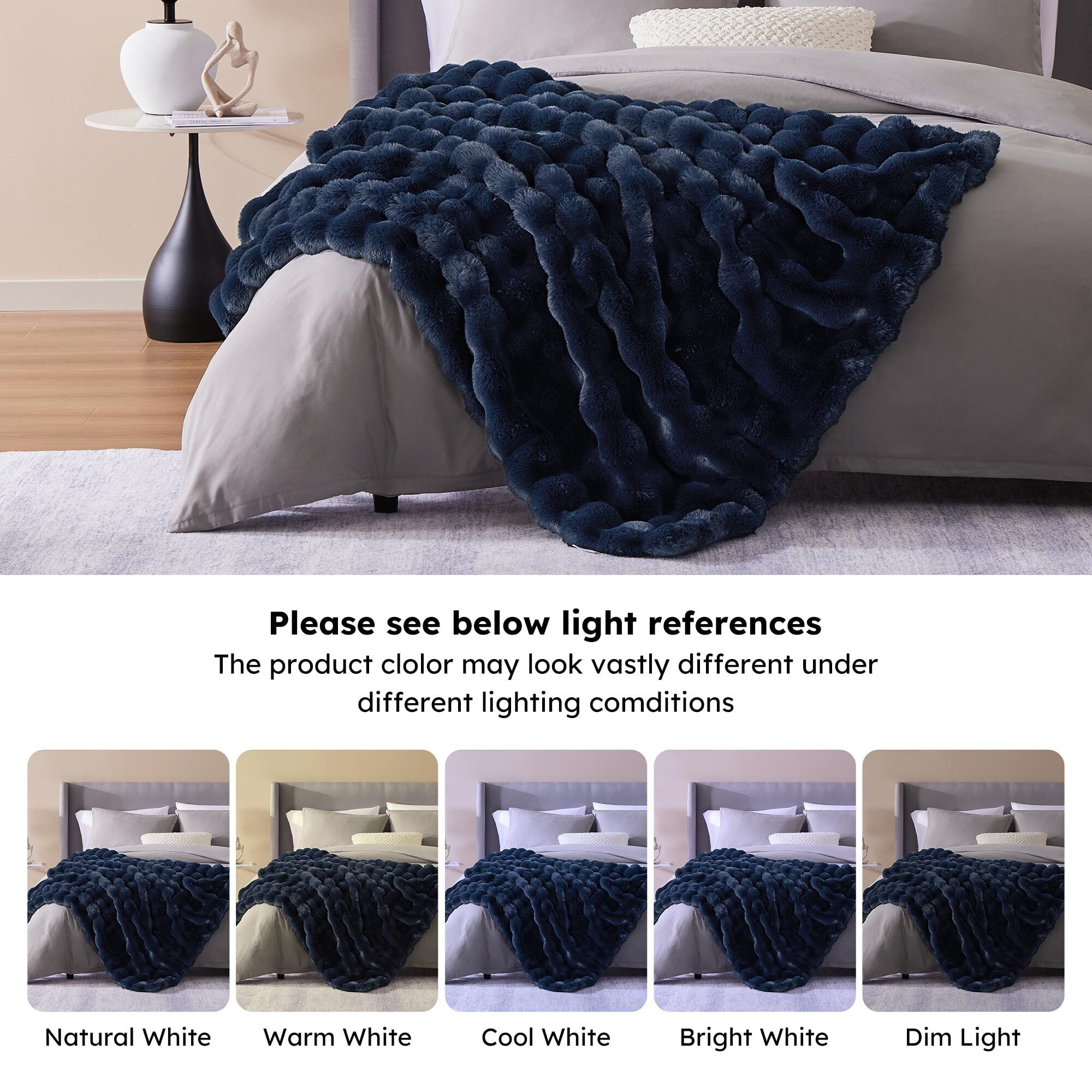 PatPat Throw Blanket for Couch Bed Fleece Plush Fuzzy Faux Fur Home Room Decoration Gift Bubble Soft Blue Navy Throws Blankets 50" x 60"