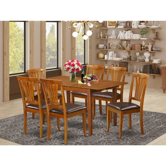 Dinette Set 7 Piece - Rectangular Dining Table with Chairs - Saddle Brown Finish - Compact Kitchen Table