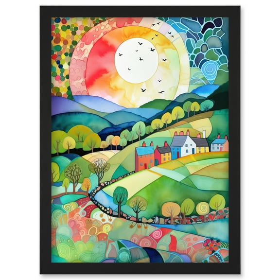 Rural Landscape English Countryside Sunrise Folk Art Watercolour Painting Artwork Framed Wall Art Print A4