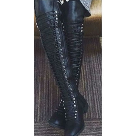 Women Lace Up Casual Flat Boots Knee High Boots