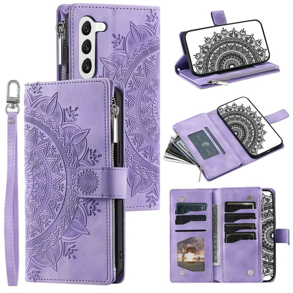 Allytech Wallet Case for Samsung Galaxy A14 5G with Card Slots, Embossed Pattern PU Leather Zipper Pocket Kickstand Cover, Shockproof Magnetic Clasp Case with Wrist Strap - Purple