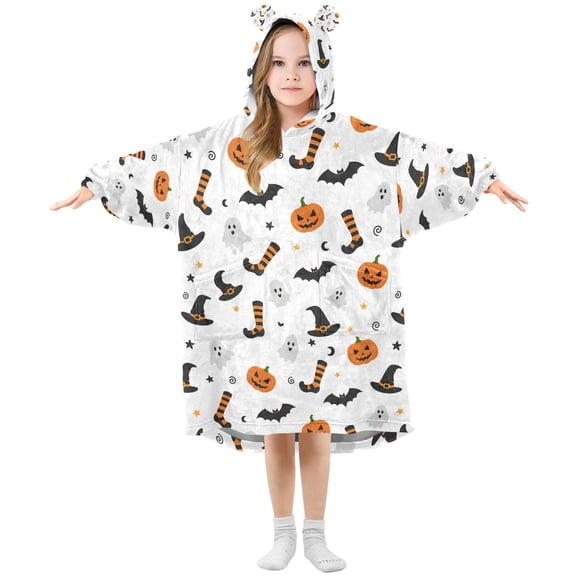 Wearable Blanket Hoodie for Halloween Seamless Pumpkins Flannel Hooded Blanket with Pockets and Sleeves Suitable