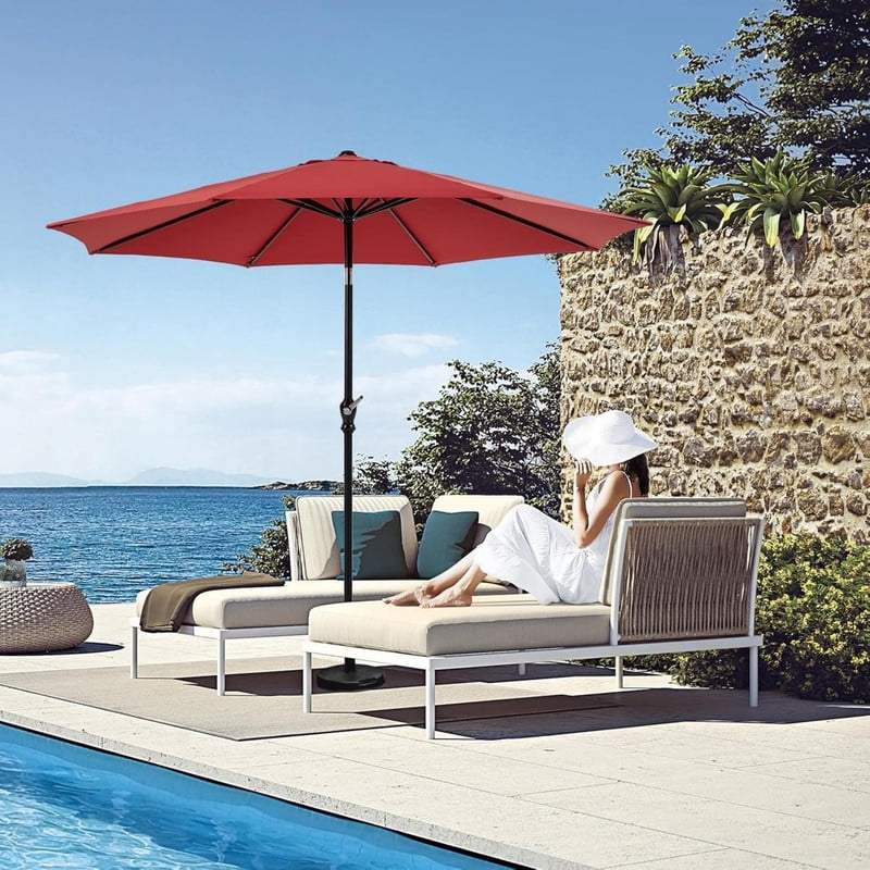 Kelno 9FT Patio Umbrella with Tilt and Crank Button 8 Sturdy Ribs UV Protection Waterproof, Red