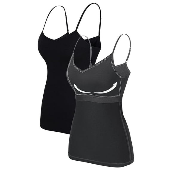 Attraco Women's Cotton V Neck Basic Camisoles with Shelf Bra Tank Tops, 2-Pack