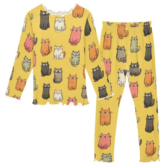 Cute Cartoon Cat Long Sleeve Snug Fit Pajama Set 2 Piece Soft Warm Fleece Top and Pants Sleepwear PJs