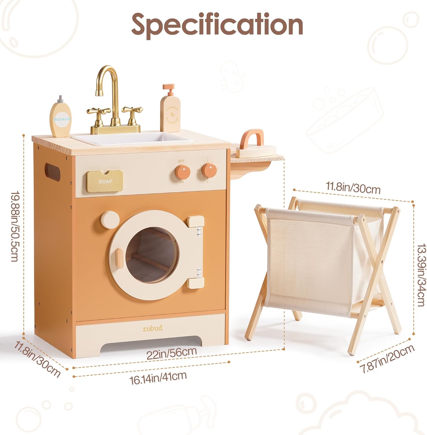 Robud Kitchen Washer Playset Pretend Play Toy Washing Machine with Clothes Basket, Iron and Sink for Kids Age 3+,Caramel