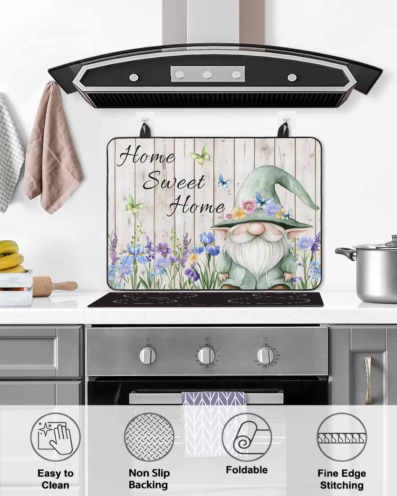 nqOlkjepod Large Induction Cooktop Protector Mat 24"x21", Spring Gnomes Stove Top Covers for Electric Stove, Rustic Botanical Flowers Beige Wooden Stove Burner Cover Mats, Glass Top Stove Cover