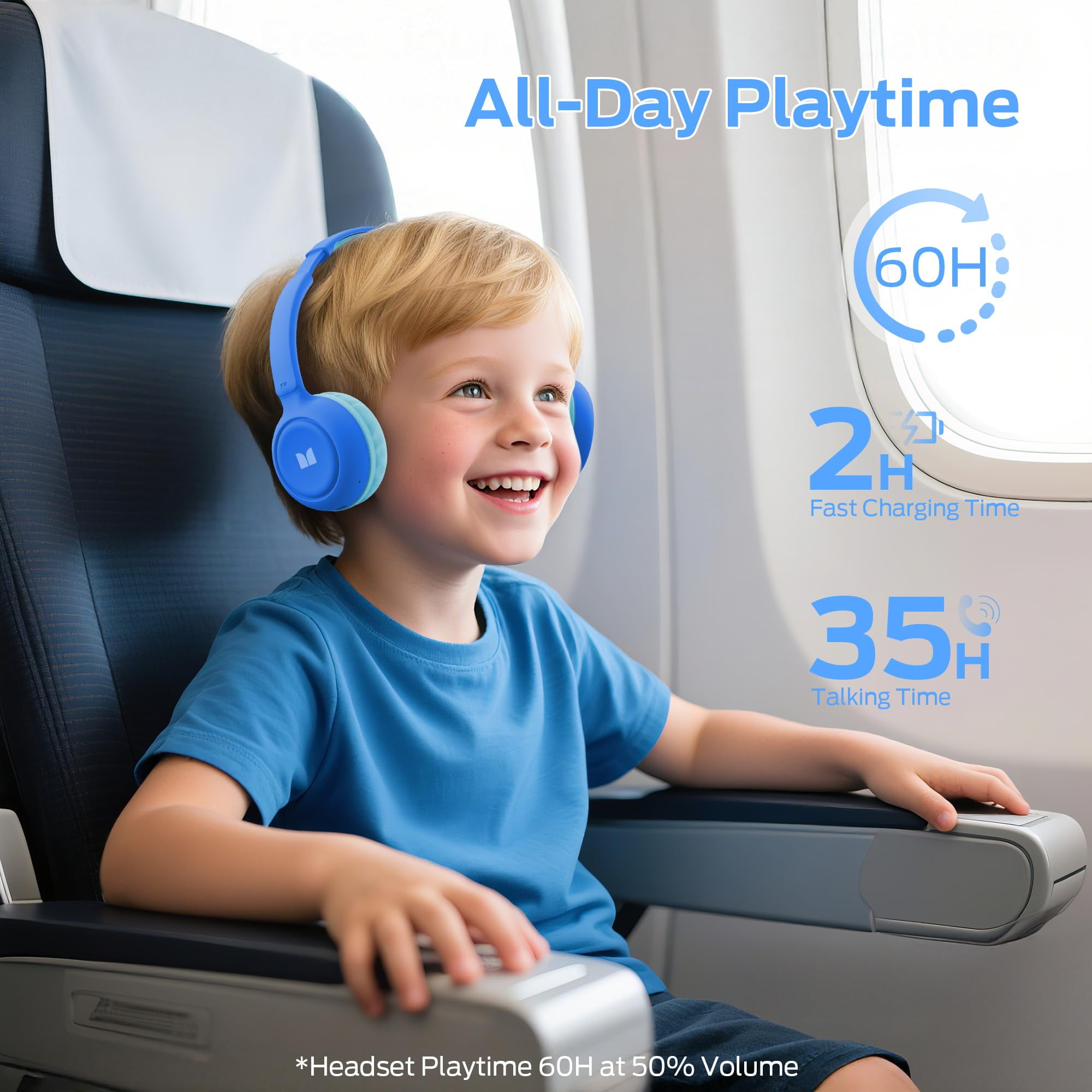 Monster Bluetooth Kids Headphones with Microphone, Wireless Headset for Children with 85/94dB Safe Volume, 60 Hours Playtime, On-Ear Kids Wireless Headphones for Boys and Girls/ School (Blue)