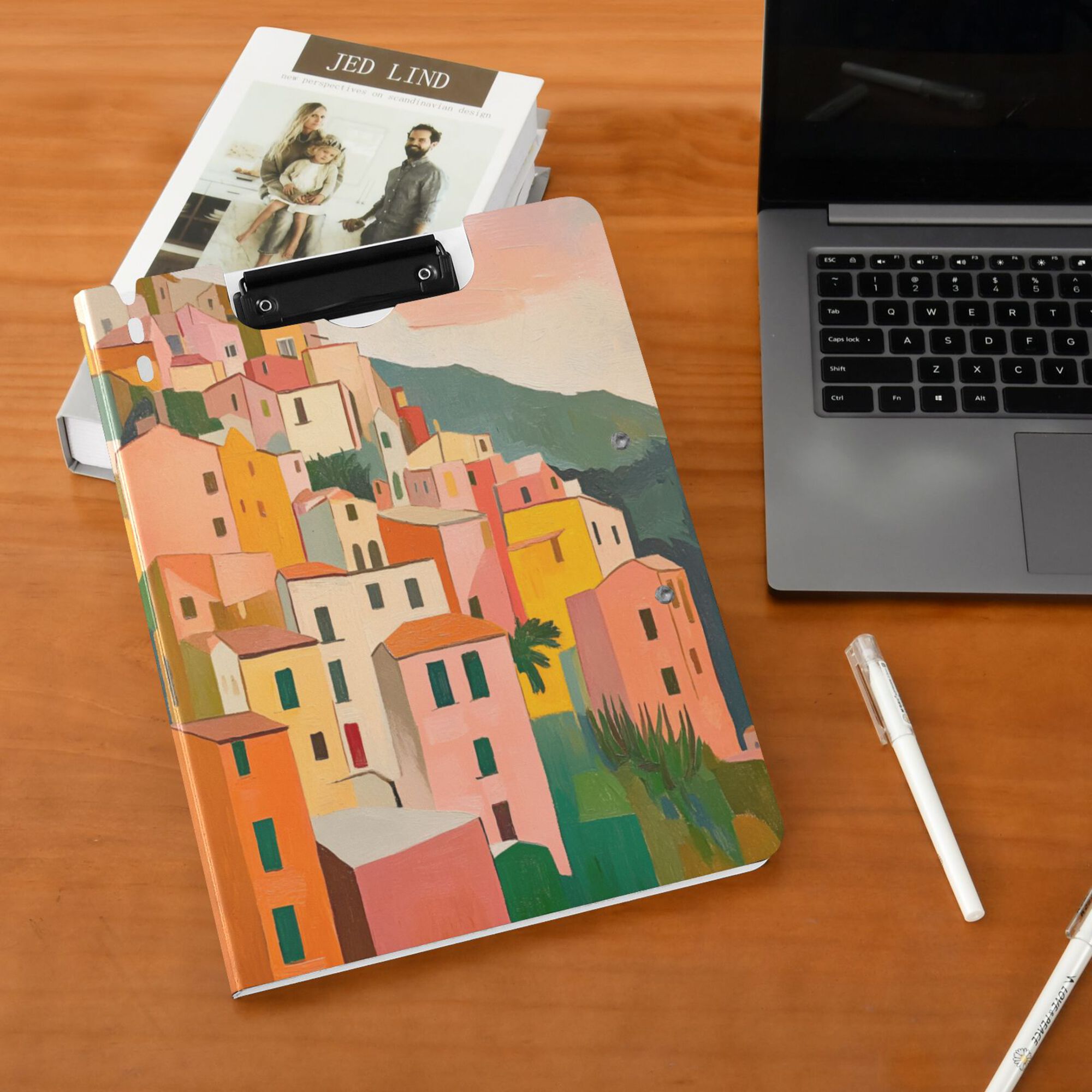 FORMRS A4 Clipboard Folder with Pen Holder Horizontal Foldable School Office Binder, Pink Cityscape Painting