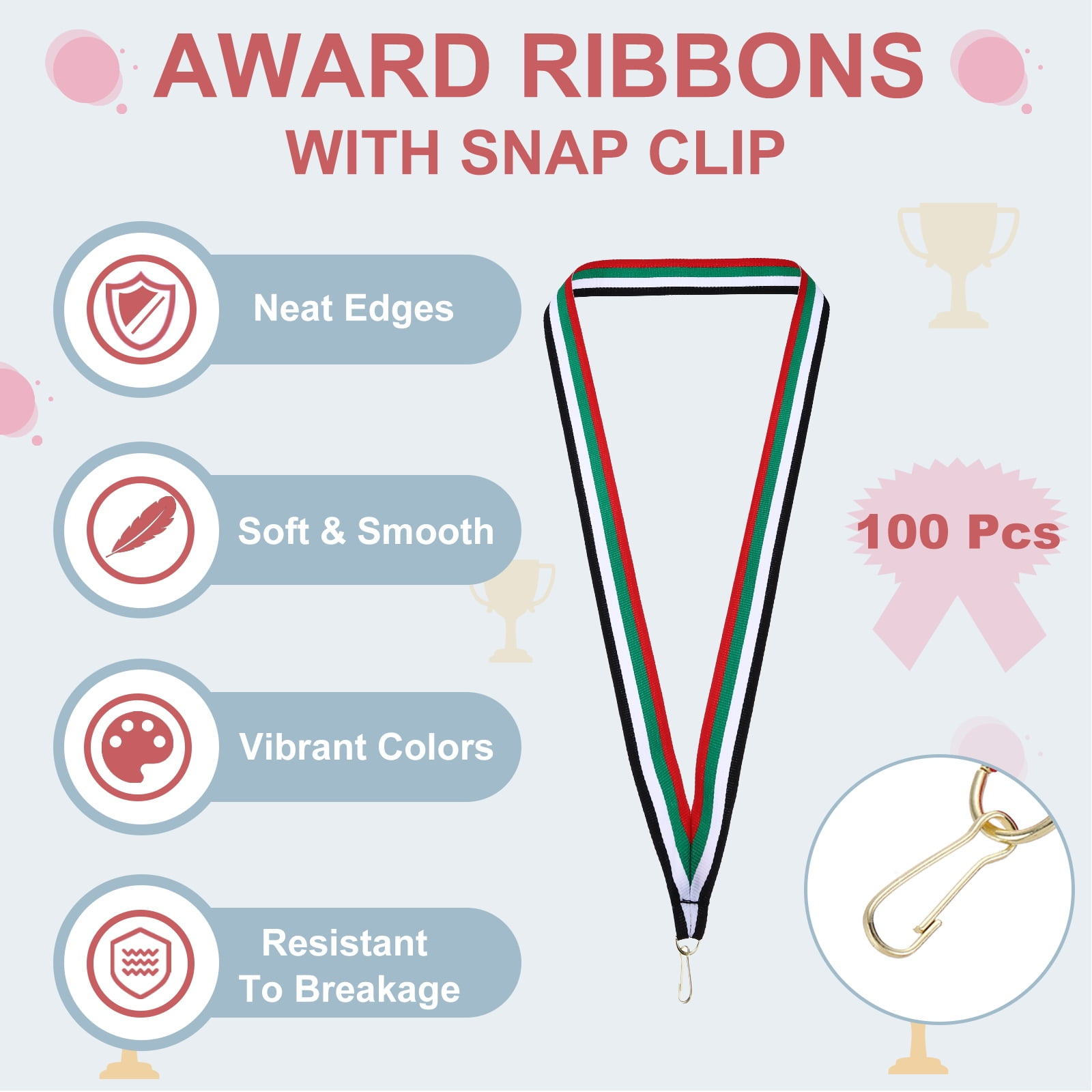 Uxcell Award Neck Ribbons with Snap Clips Polyester Medal Lanyards for Competitions Black/White/Green/Red 100 Pack