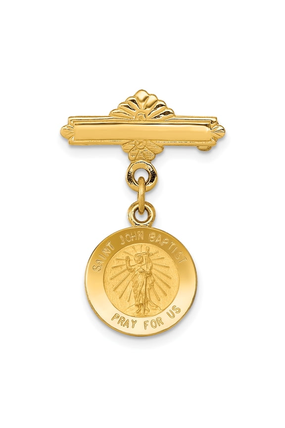 Designer 14K Yellow Gold Saint John The Baptist Medal Pin (Length=27) (Width=17) Made In United States -Jewelry By Sweet Pea Creations