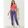 thumbnail image 3 of Pantalones cargo de satén sedoso de tiro alto elástico con cordón para mujer Morado oscuro XS, 3 of 6