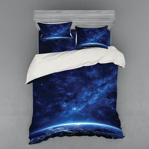 Space Duvet Cover Set, Earth at Night from Deep Atmosphere Vibrant Milky Way Starfield Ecliptic Scene Print, Bedding Set with Shams and Fitted Sheet, 3 Sizes, by Ambesonne