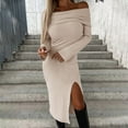 thumbnail image 2 of Elainilye Fashion Off the Shoulder Dresses for Women Spring Solid Long-Sleeved Slit Long Dresses Concert Outfit,Brown, 2 of 7