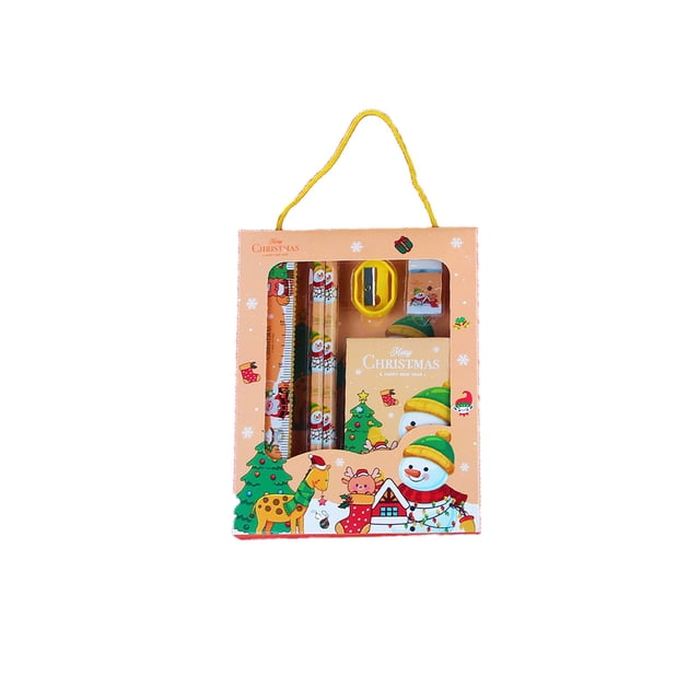 Christmas Gift Stationery Set for Kids - 6-Piece School Supplies Pencil Case with Ruler, Eraser, and Notepad for Kindergarten Learning